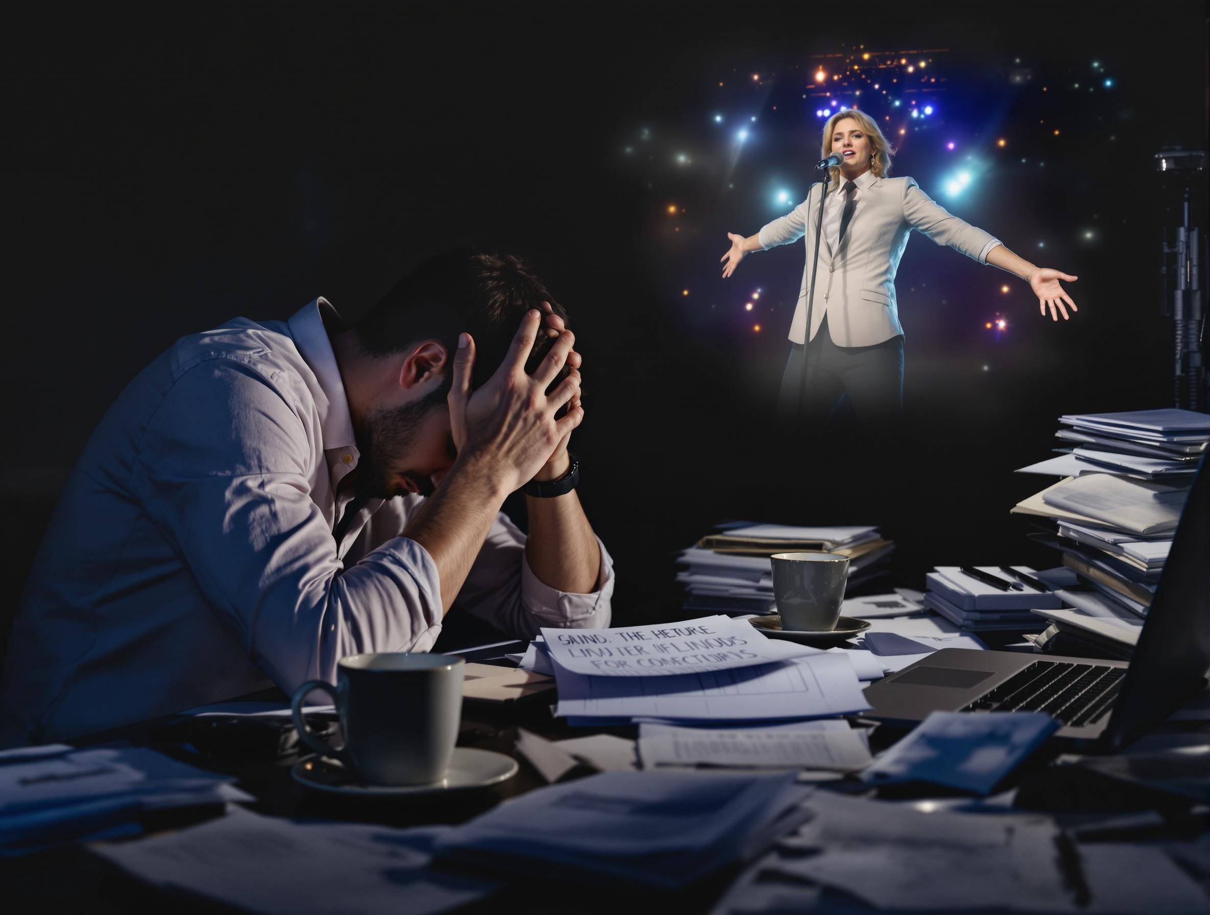 A stressed business owner sitting at a cluttered desk in a dimly lit room, with their head buried in their hands. The desk is covered with scattered papers, files, a laptop, and a coffee cup, emphasizing an overwhelmed state. In the background, a glowing, ghost-like image of a confident person on stage under bright lights, arms outstretched, symbolizes professional success and recognition. The contrast highlights the emotional and professional toll of struggling to gain authority while others are celebrated.